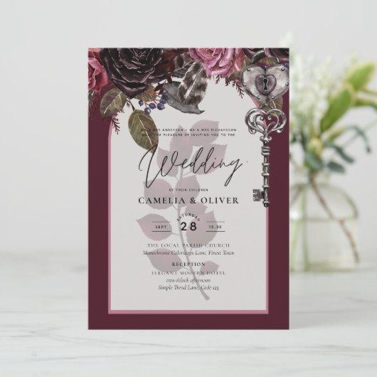 Burgundy Wijn Bloemige Bruiloft Herfst Winter UITN Kaart (Staand voorkant)