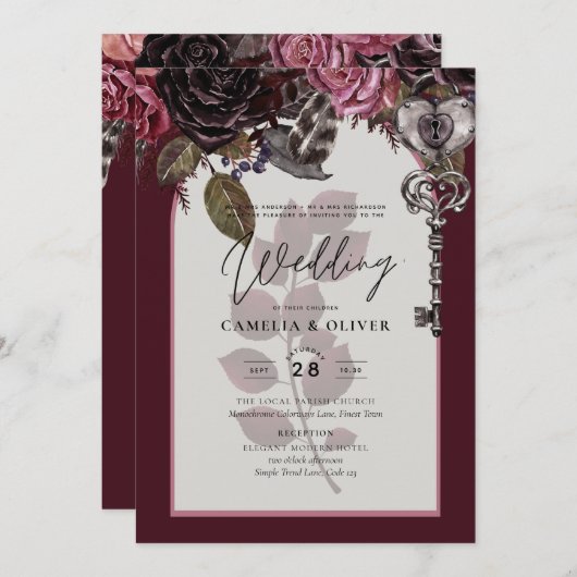Burgundy Wijn Bloemige Bruiloft Herfst Winter UITN Kaart (Voorkant / Achterkant)