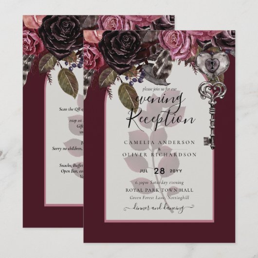 Burgundy Wijn Bloemrijke Bruiloft Herfst Winter UI Kaart (Voorkant / Achterkant)