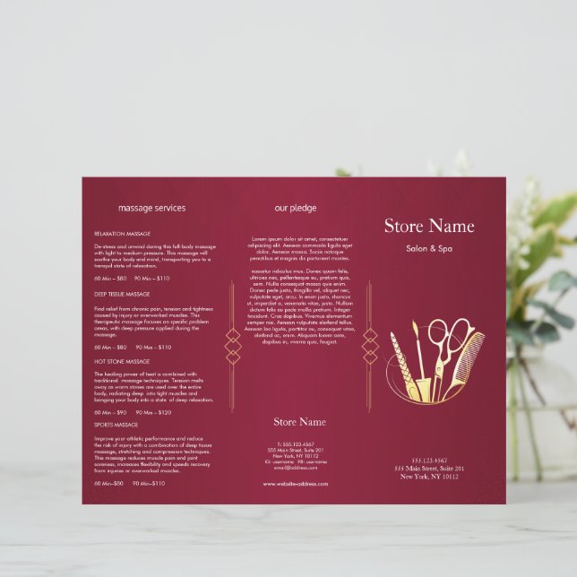 Burgundy Wijn & Gouden Schoonheidssalon Drievoudig (Staand voorkant)