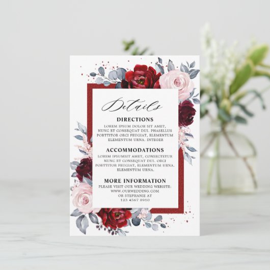 Burgundy wijn stoffig blauwe leisteen trouwdetails informatiekaartje (Staand voorkant)