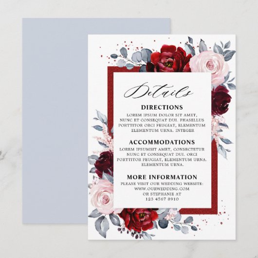 Burgundy wijn stoffig blauwe leisteen trouwdetails informatiekaartje (Voorkant / Achterkant)