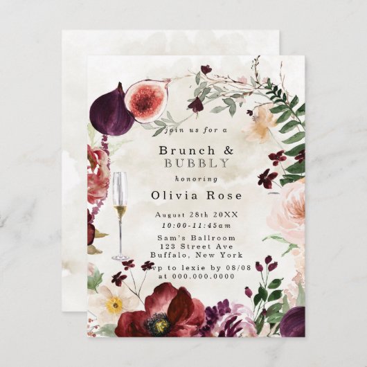 Burgundy Wildbloemen Brunch & Bubble Invite Kaart (Voorkant / Achterkant)