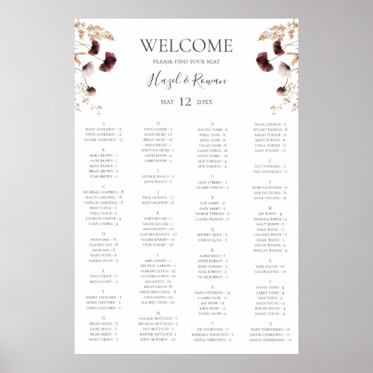 Burgundy Wildflower | Alfabetische zitplaats Poster (Voorkant)