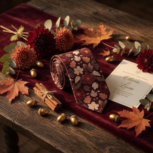 Burgundy Wildflower & Autumn Leaves Rich Copper Stropdas