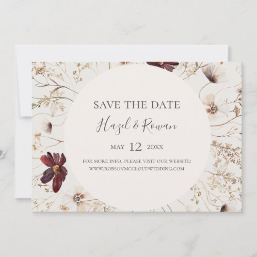 Burgundy Wildflower Beige Horizontal Save the Date (Voorkant)