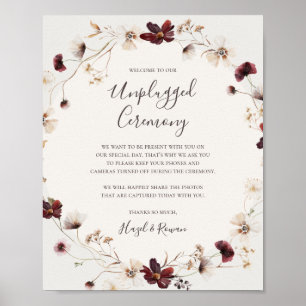 Burgundy Wildflower Beige Unplugged Ceremony Sign Poster