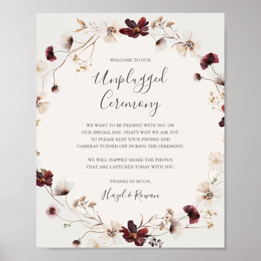 Burgundy Wildflower Beige Unplugged Ceremony Sign Poster (Voorkant)