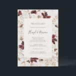 Burgundy Wildflower Beige We doen nog steeds aan w Kaart<br><div class="desc">Deze woeste wilde bloem beige die we nog steeds vernieuwen, is perfect voor je klassieke roest, witte marsala vow vernieuwing. Het ontwerp is voorzien van een bohemische kreet of bouquet van moderne waterverf paarse, rode, grijze en wazige, roze wildbloemen, samen met verbrande oranje en goudgroen. Het ontwerp bevat papavers en...</div>