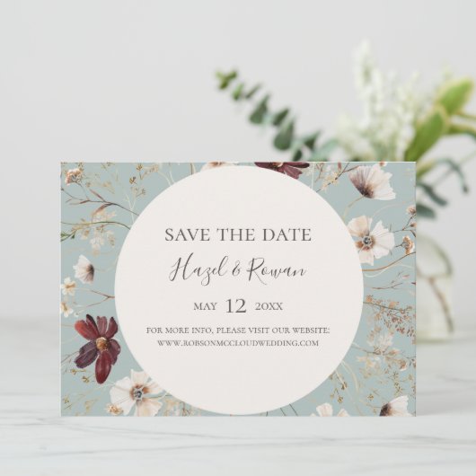 Burgundy Wildflower Blauwgroen horizontaal sparen  Save The Date (Staand voorkant)