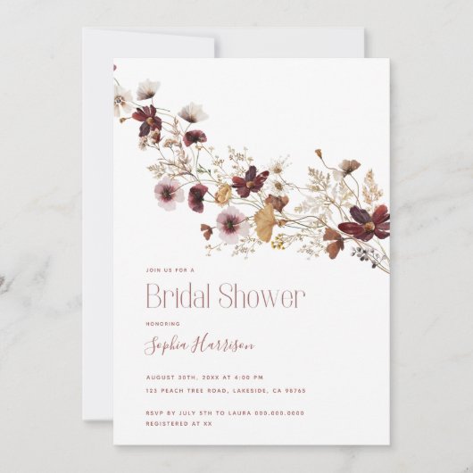 Burgundy Wildflower Bridal Shower Invitation Kaart (Voorkant)
