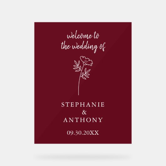 Burgundy Wildflower Wedding Acryl Bord (Voorkant)