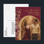 Burgundy Wildflowers Photo Wedding Save the Date Aankondigingskaart<br><div class="desc">Give your loved ones advance notice of your upcoming wedding with this beautiful save the date postcard! The rustic burgundy and gold colored boho chic design features your photo in an arch shaped frame with a spray of delicate wildflowers along one side in autumn shades of burgundy, sienna, and marigold....</div>