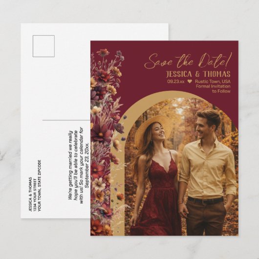 Burgundy Wildflowers Photo Wedding Save the Date Aankondigingskaart (Voorkant / Achterkant)