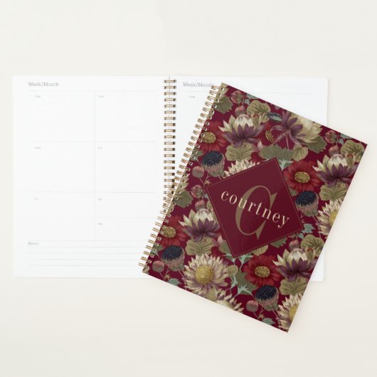 Burgundy William Morris Floral Elegant Monogram  Planner (Display)