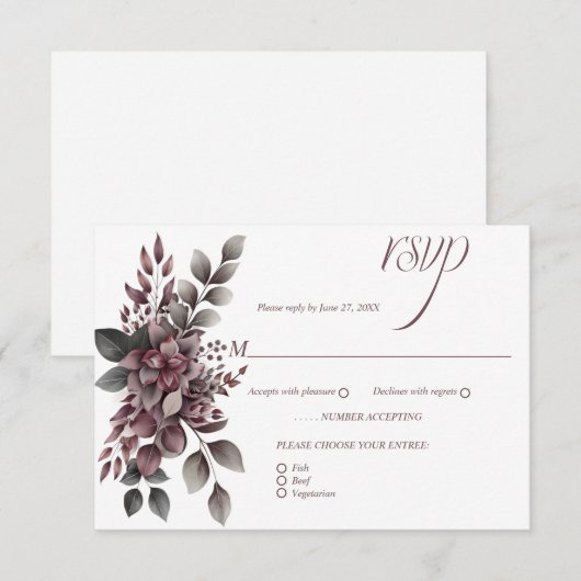 Burgundy Wine and Sage Floral | RSVP Kaartje (Voorkant / Achterkant)
