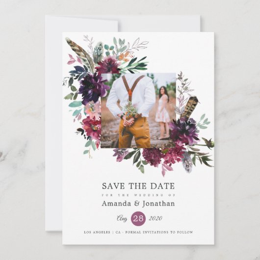 Burgundy Wine Boho Floral Wedding Foto Save The Date (Voorkant)