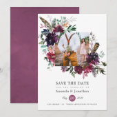 Burgundy Wine Boho Floral Wedding Foto Save The Date (Voorkant / Achterkant)