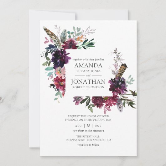 Burgundy Wine Boho Floral Wedding Kaart (Voorkant)