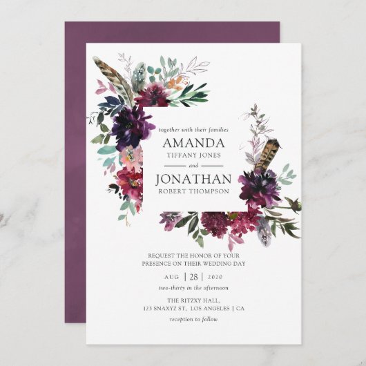 Burgundy Wine Boho Floral Wedding Kaart (Voorkant / Achterkant)