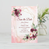 Burgundy Wine Boho Waterverf Floral Save the Date Kaart (Staand voorkant)
