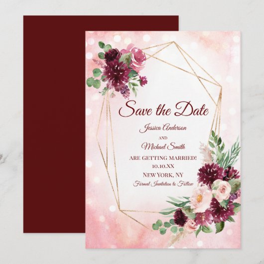 Burgundy Wine Boho Waterverf Floral Save the Date Kaart (Voorkant / Achterkant)