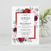 Burgundy Wine Dusty Blue Slate Floral Wedding Kaart (Staand voorkant)