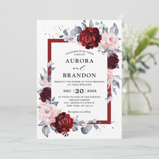Burgundy Wine Dusty Blue Slate Floral Wedding Kaart (Staand voorkant)