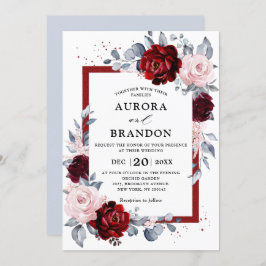 Burgundy Wine Dusty Blue Slate Floral Wedding Kaart