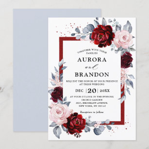 Burgundy Wine Dusty Blue Slate Floral Wedding Kaart