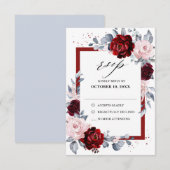 Burgundy Wine Dusty Blue Slate Floral Wedding RSVP Kaartje (Voorkant / Achterkant)