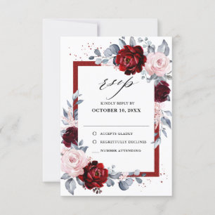 Burgundy Wine Dusty Blue Slate Floral Wedding RSVP Kaartje