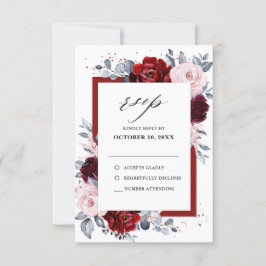 Burgundy Wine Dusty Blue Slate Floral Wedding RSVP Kaartje