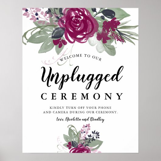 Burgundy Wine Floral Waterverf Boho Wedding Sign Poster (Voorkant)