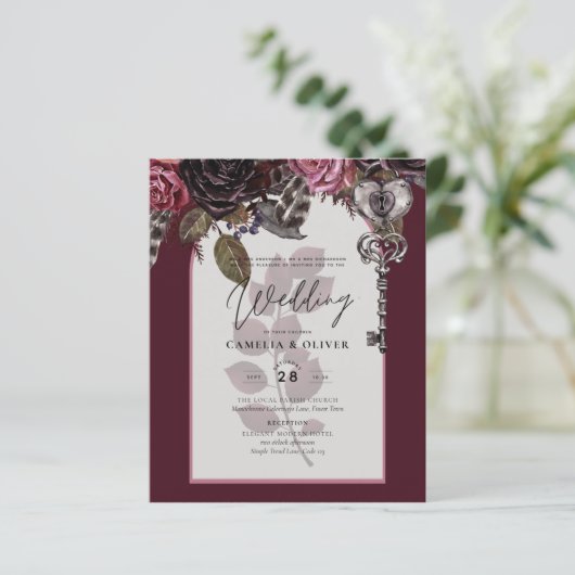 Burgundy Wine Floral Wedding Herfst Winter INVITE (Staand voorkant)