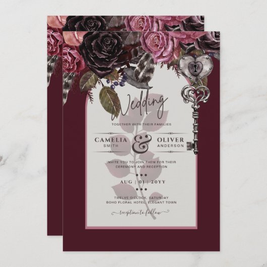 Burgundy Wine Floral Wedding Herfst Winter INVITE Kaart (Voorkant / Achterkant)