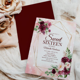 Burgundy Wine Gold Boho Waterverf Floral Sweet 16 Kaart
