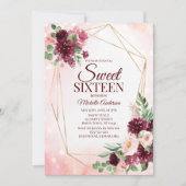 Burgundy Wine Gold Boho Waterverf Floral Sweet 16 Kaart (Voorkant)
