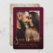 Burgundy Wine Gold Script & Marble Photo Overlay Save The Date (Voorkant / Achterkant)