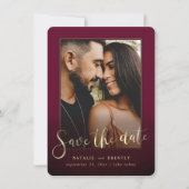 Burgundy Wine Gold Script & Marble Photo Overlay Save The Date (Voorkant)