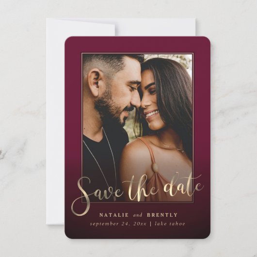 Burgundy Wine Gold Script & Marble Photo Overlay Save The Date (Voorkant)
