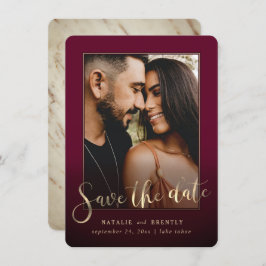 Burgundy Wine Gold Script & Marble Photo Overlay Save The Date