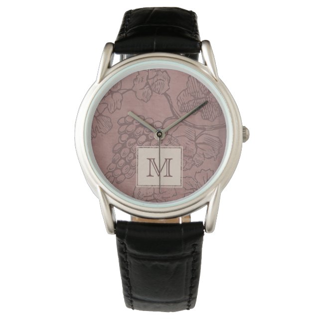 Burgundy Wine Grapevine Monogram Horloge (Voorkant)