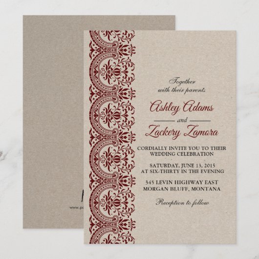 Burgundy/Wine/Maroon Lace Wedding Invitation Kaart (Voorkant / Achterkant)