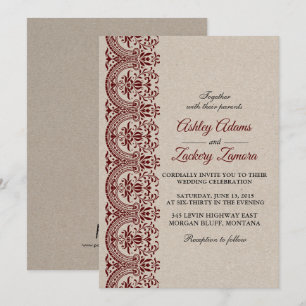 Burgundy/Wine/Maroon Lace Wedding Invitation Kaart