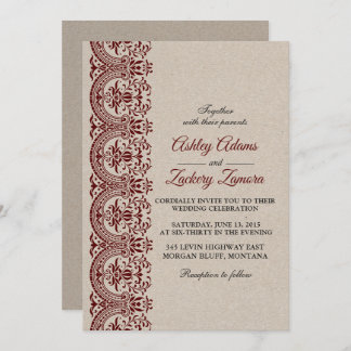 Burgundy/Wine/Maroon Lace Wedding Invitation Kaart