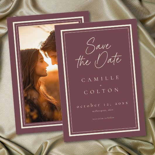 Burgundy Wine Minimalist Frame Wedding Photo Save The Date