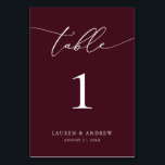 Burgundy Wine Minimalist Weddenschap | Aangepast e Kaart<br><div class="desc">(**VOEG NOTA: Om orde te maken,  pas eenvoudig uw lijstaantal (en naam/datum) aan en voeg elk aantal aan uw kar afzonderlijk toe. Controleer vervolgens wanneer u klaar bent.) Mooie,  elegante,  moderne en minimalistische,  tabelnummerkaart. Volledig aanpasbaar met uw namen (of de Naam van de Gebeurtenis) en Datum.</div>