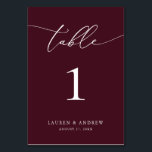 Burgundy Wine Minimalist Weddenschap | Aangepast e Kaart<br><div class="desc">(**VOEG NOTA: Om orde te maken,  pas eenvoudig uw lijstaantal (en naam/datum) aan en voeg elk aantal aan uw kar afzonderlijk toe. Controleer vervolgens wanneer u klaar bent.) Mooie,  elegante,  moderne en minimalistische,  tabelnummerkaart. Volledig aanpasbaar met uw namen (of de Naam van de Gebeurtenis) en Datum.</div>