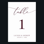 Burgundy Wine Minimalist Weddenschap | Aangepaste  Kaart<br><div class="desc">(**VOEG NOTA: Om orde te maken,  pas eenvoudig uw lijstaantal (en naam/datum) aan en voeg elk aantal aan uw kar afzonderlijk toe. Controleer vervolgens wanneer u klaar bent.) Mooie,  elegante,  moderne en minimalistische,  tabelnummerkaart. Volledig aanpasbaar met uw namen (of de Naam van de Gebeurtenis) en Datum.</div>